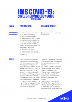 IMS Covid 19 Style and terminology guide FRONT PAGE