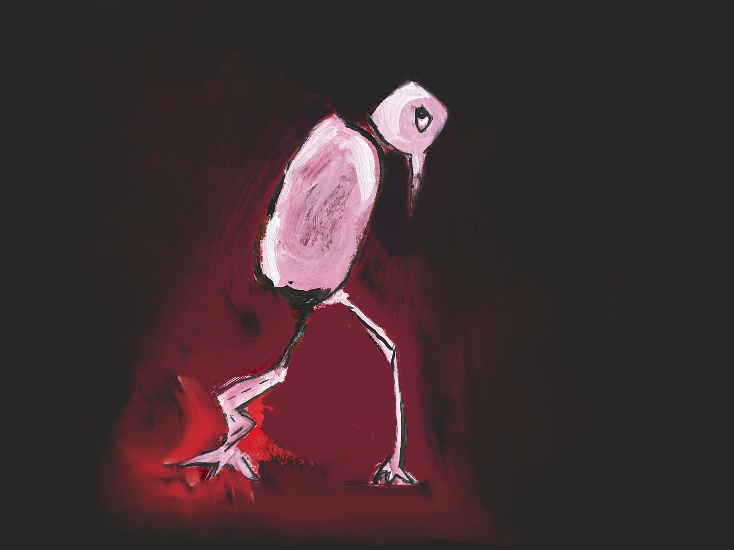 an illustration of a bird hunched over and walking away. Artwork: Haytham Al-Sayegh