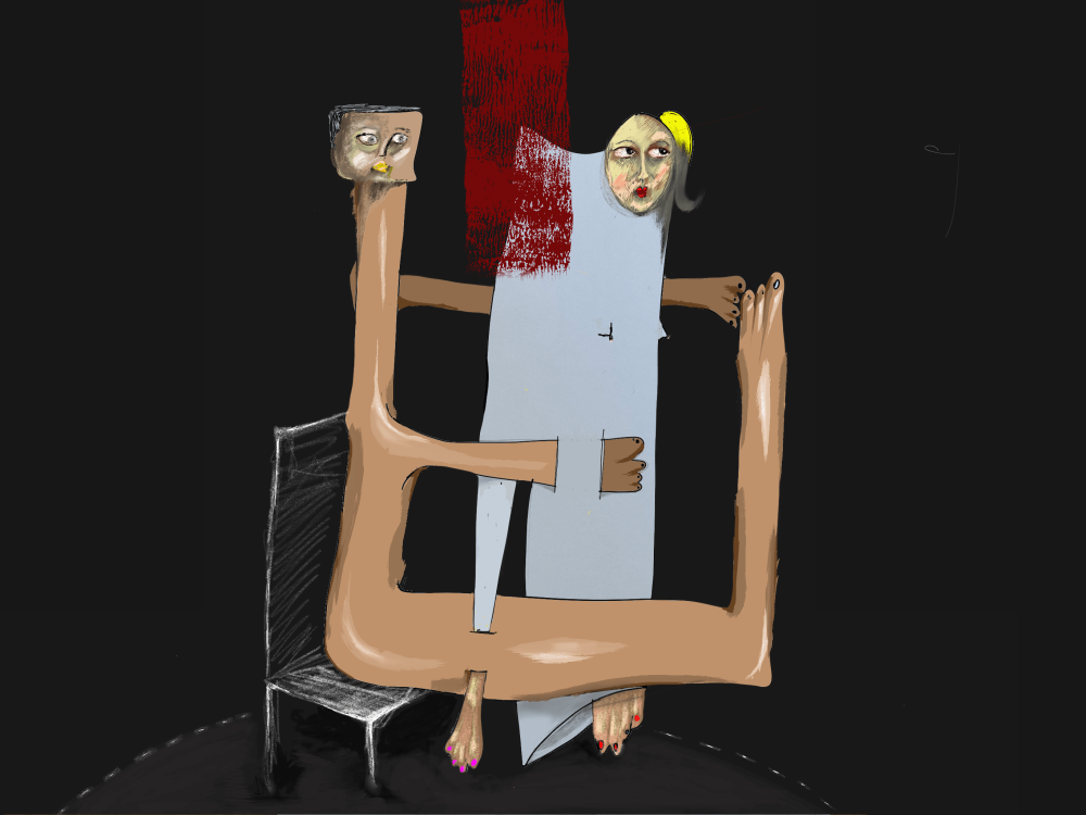An abstract painting of a woman being harassed by a man Artwork by Haisam Al Saiegh